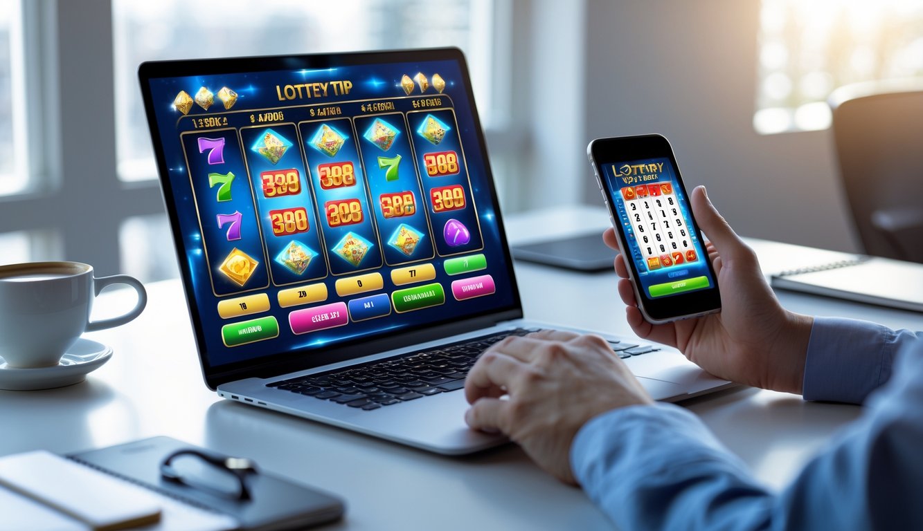 Meja kerja modern dengan laptop dan ponsel yang menampilkan permainan slot dan prediksi angka togel, dengan tangan seseorang berinteraksi dengan perangkat tersebut.