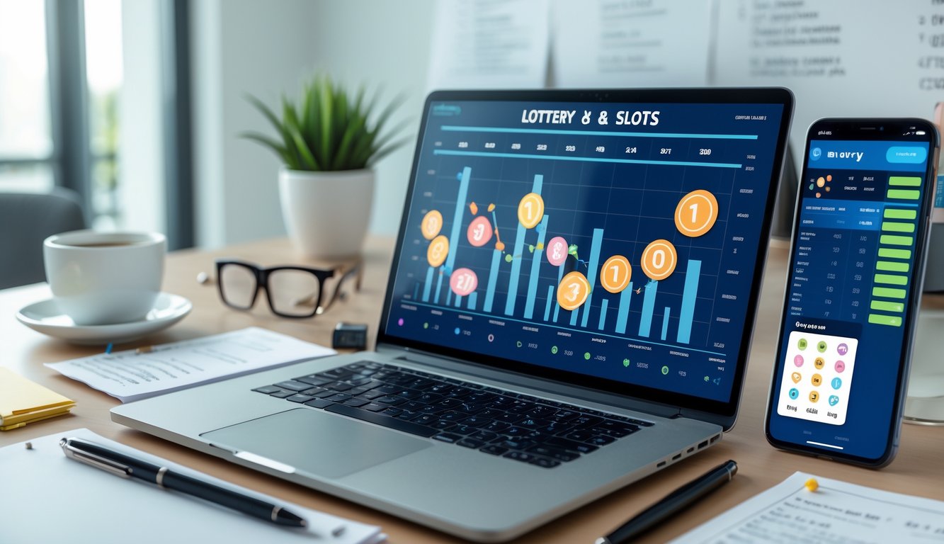Sebuah ruang kerja modern dengan laptop yang menampilkan grafik dan angka, smartphone dengan aplikasi togel, serta alat tulis di atas meja, menggambarkan aktivitas analisis dan prediksi angka togel dan slot.