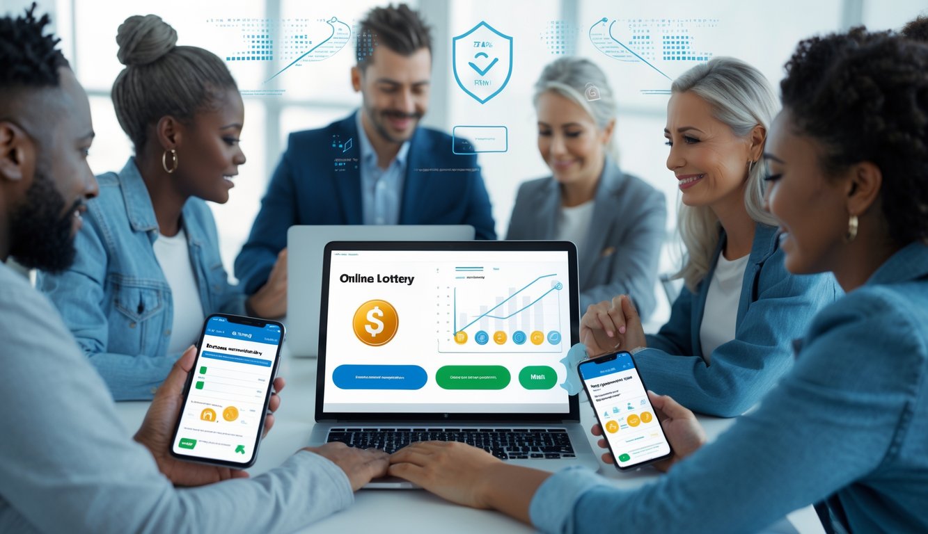 Orang-orang menggunakan laptop dan ponsel untuk bermain togel online di lingkungan digital yang modern dan terpercaya.