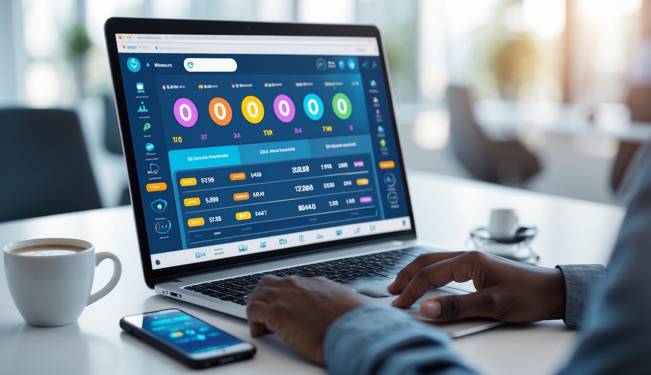 Meja kerja modern dengan laptop yang menampilkan platform togel online, tangan seseorang sedang mengetik, dan suasana kantor terang dengan cahaya alami.