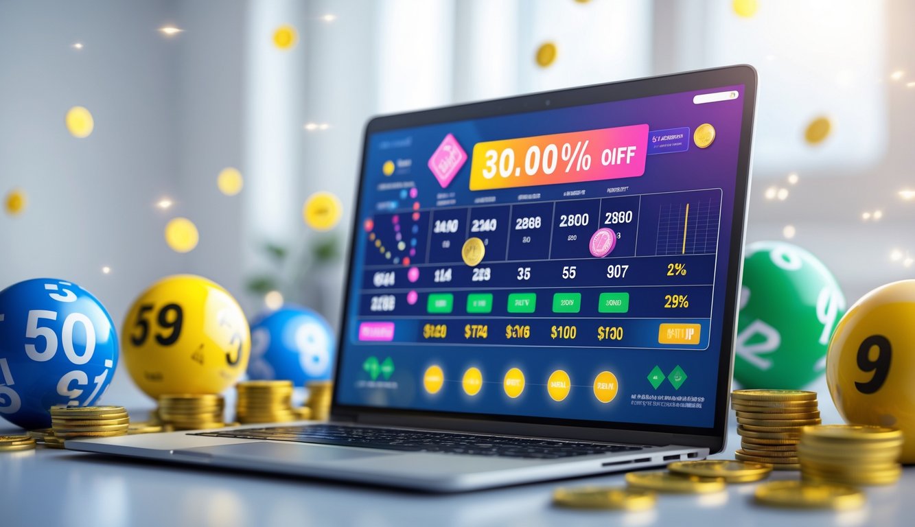 Seseorang menggunakan perangkat digital dengan tampilan antarmuka togel online dan bola togel di sekitarnya.