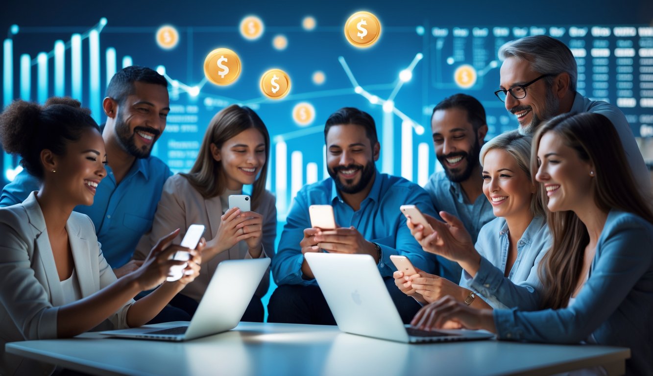 Sekelompok orang bahagia menggunakan perangkat digital dalam suasana modern yang mewakili situs togel online terpercaya dengan diskon dan bonus besar.