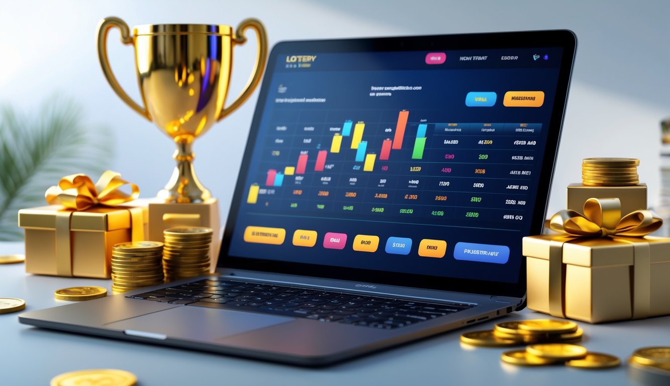 Sebuah ruang kerja modern dengan laptop yang menampilkan situs togel online, dikelilingi oleh trofi emas, tumpukan koin, dan kotak hadiah.