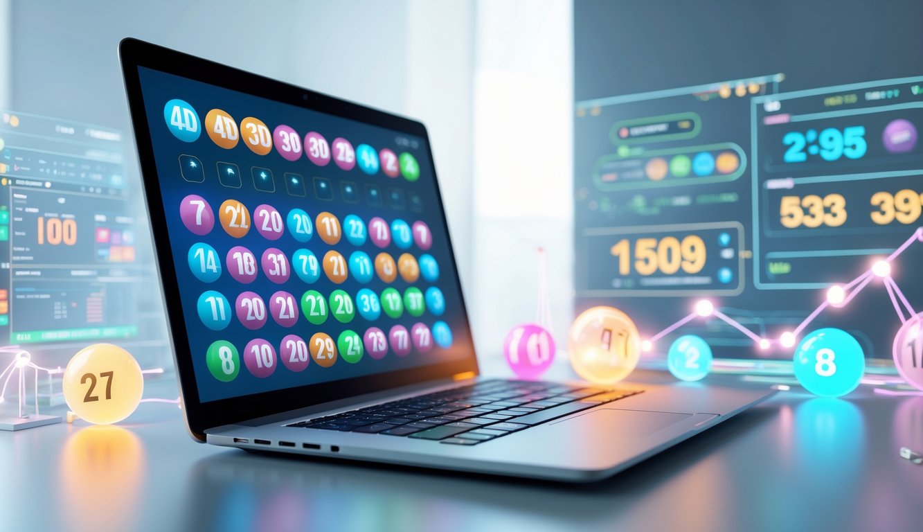 Seorang pengguna melihat hasil live togel online di layar laptop dengan angka-angka warna-warni dan elemen digital di sekitarnya.