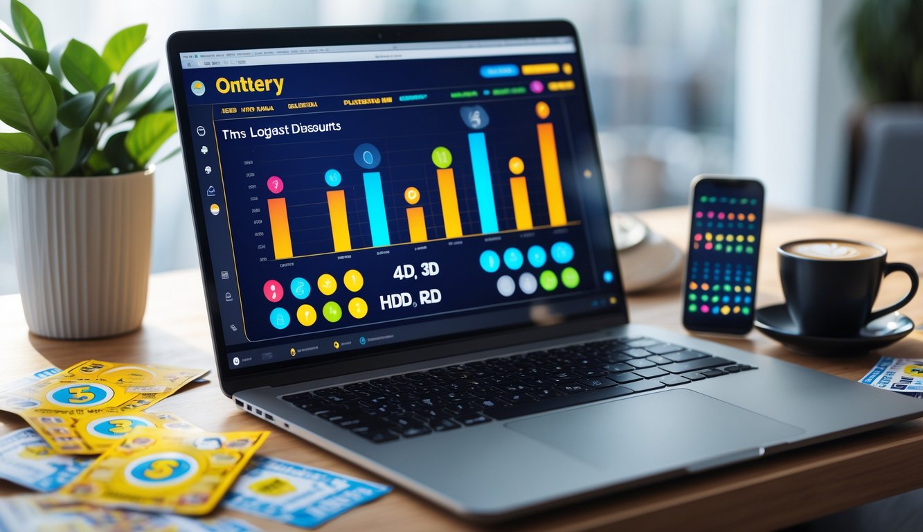 Seorang pria menggunakan laptop dan smartphone untuk memeriksa hasil togel online dengan tiket togel dan secangkir kopi di meja.