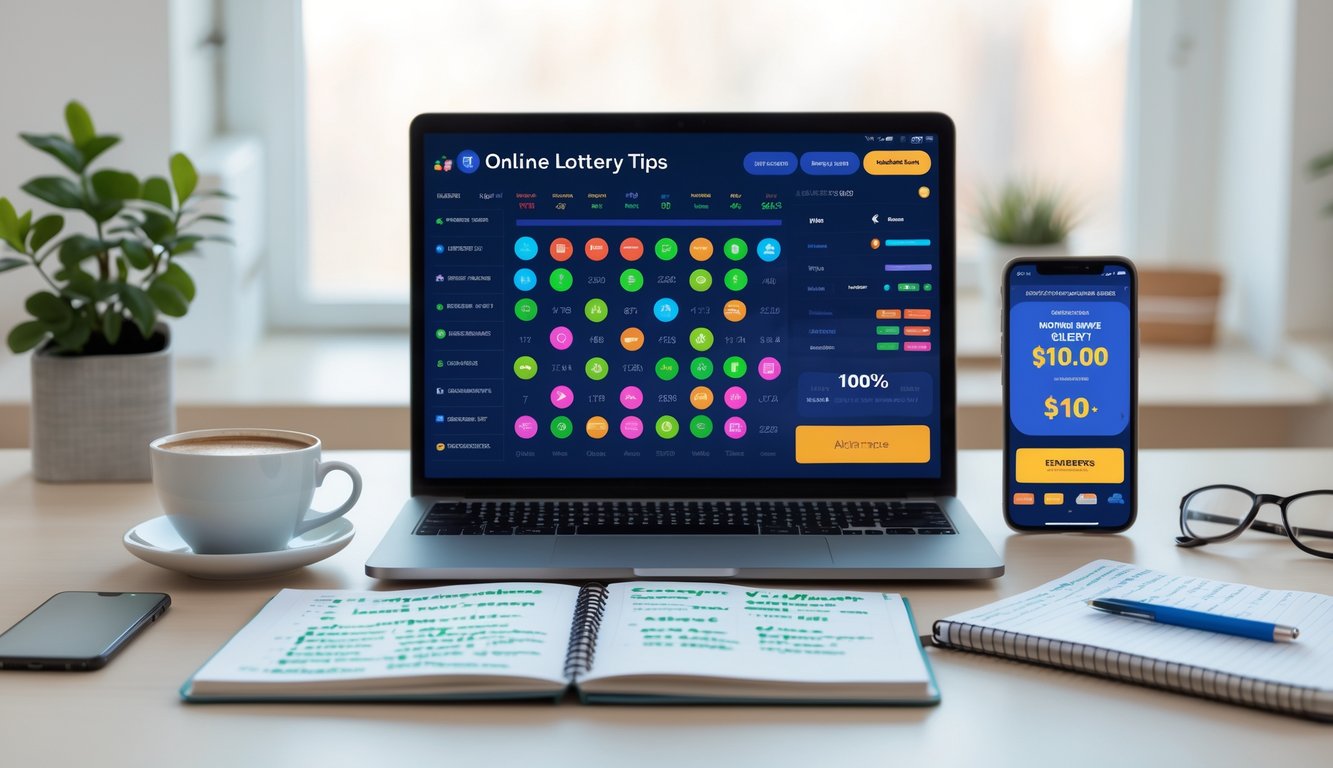 Meja kerja modern dengan laptop, ponsel, dan buku catatan yang menunjukkan aktivitas terkait togel online dan diskon.