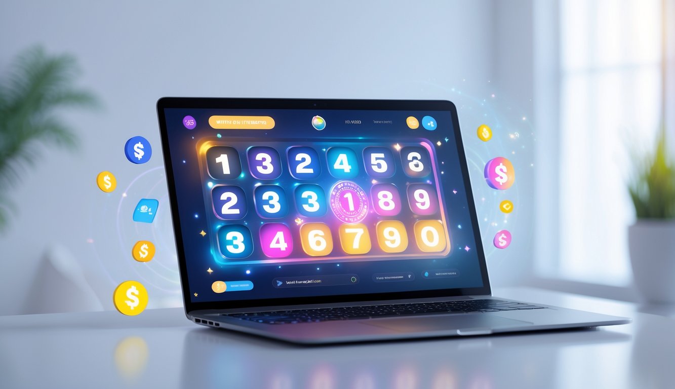 Seorang pria menggunakan laptop di meja dengan tampilan layar yang menampilkan antarmuka lotere online yang berwarna-warni dan modern.