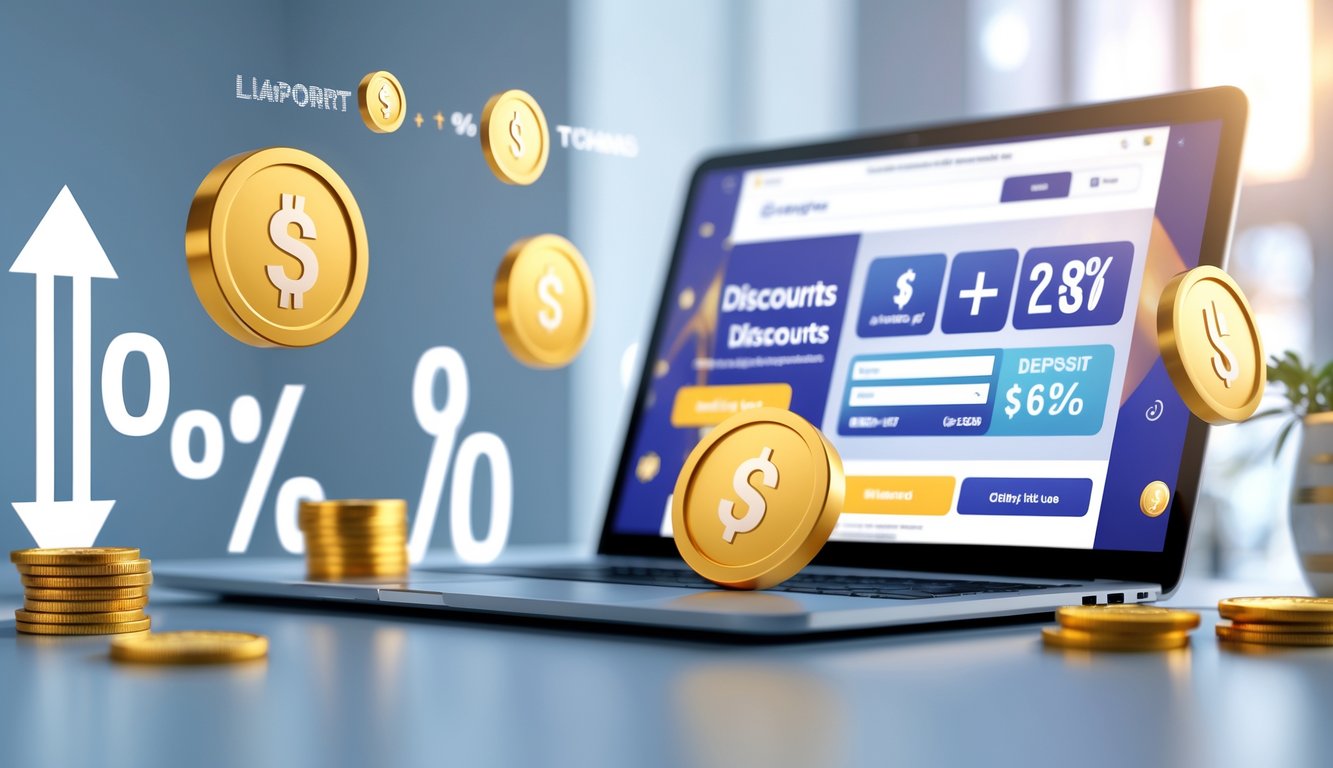 Seseorang menggunakan laptop dengan tampilan situs togel online dan simbol diskon serta uang di sekitarnya.