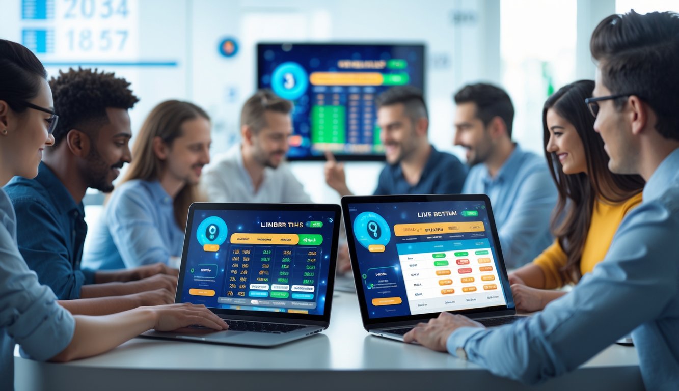 Orang-orang menggunakan perangkat digital untuk bermain togel online dengan tampilan angka dan grafik yang cerah dan dinamis.