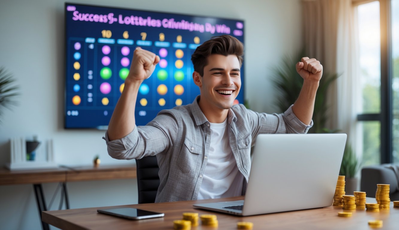 Seorang pria muda tersenyum dan mengangkat tangan merayakan kemenangan saat menggunakan laptop di ruang kerja modern.