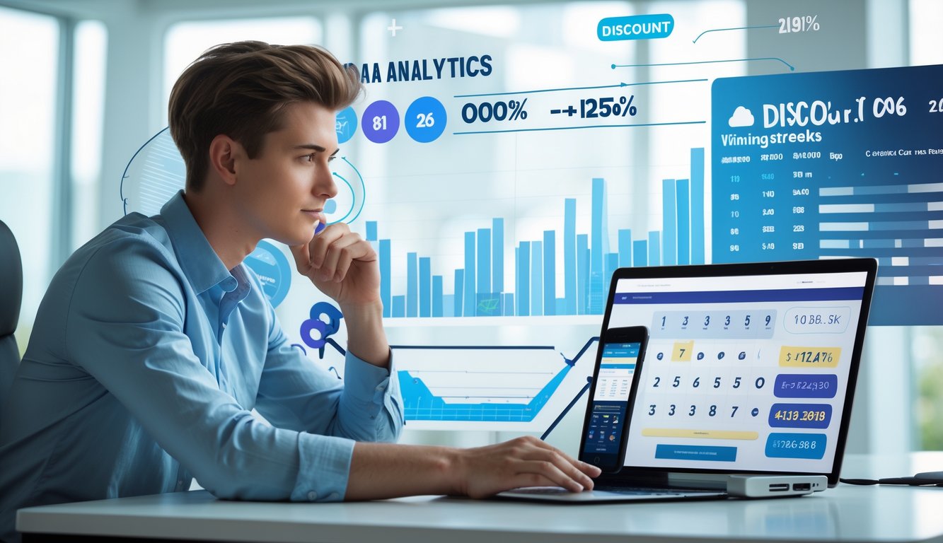 Seorang dewasa muda duduk di meja dengan laptop dan ponsel, menganalisis data angka togel online di lingkungan kantor yang modern.