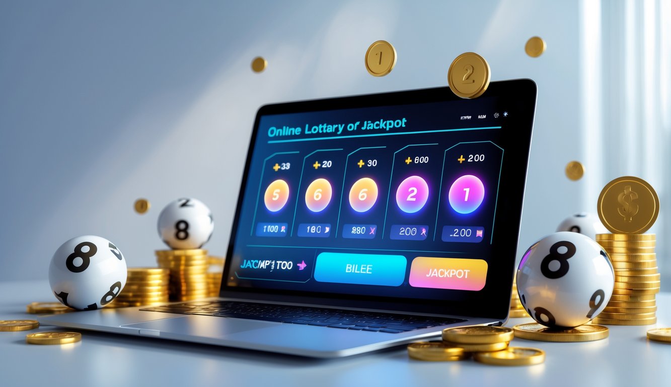 Seorang pria menggunakan laptop di meja kerja dengan koin emas dan bola lotere di sekitarnya, menunjukkan suasana kemenangan dan keberuntungan.