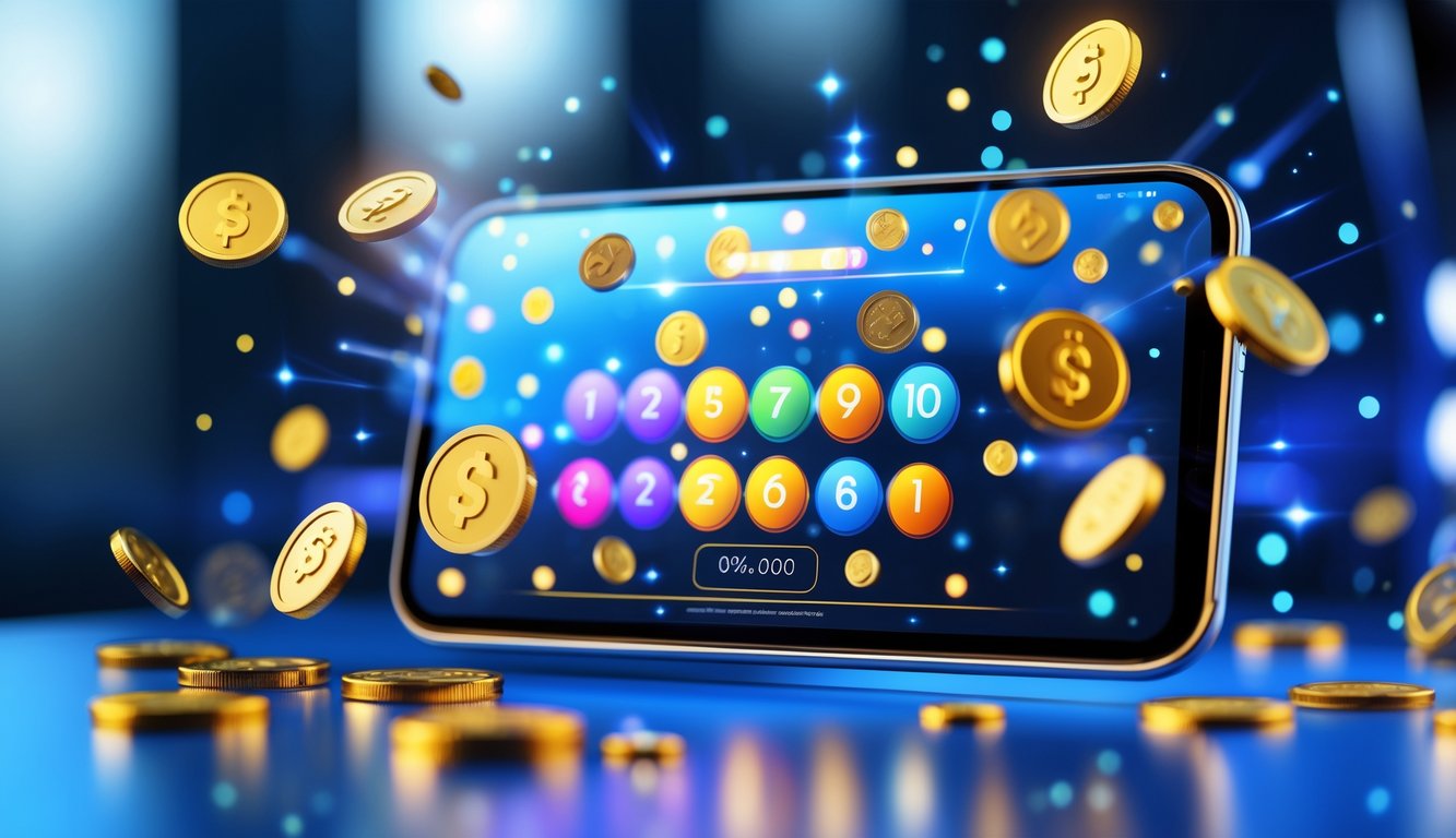Layar perangkat digital menampilkan angka togel berwarna cerah dengan ikon jackpot dan koin emas di sekitarnya.