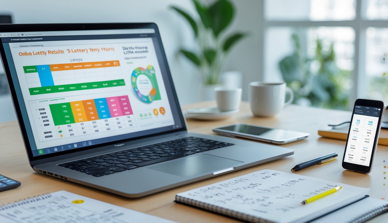 Meja kerja dengan laptop, ponsel, dan catatan yang menampilkan data dan hasil togel online terbaru.