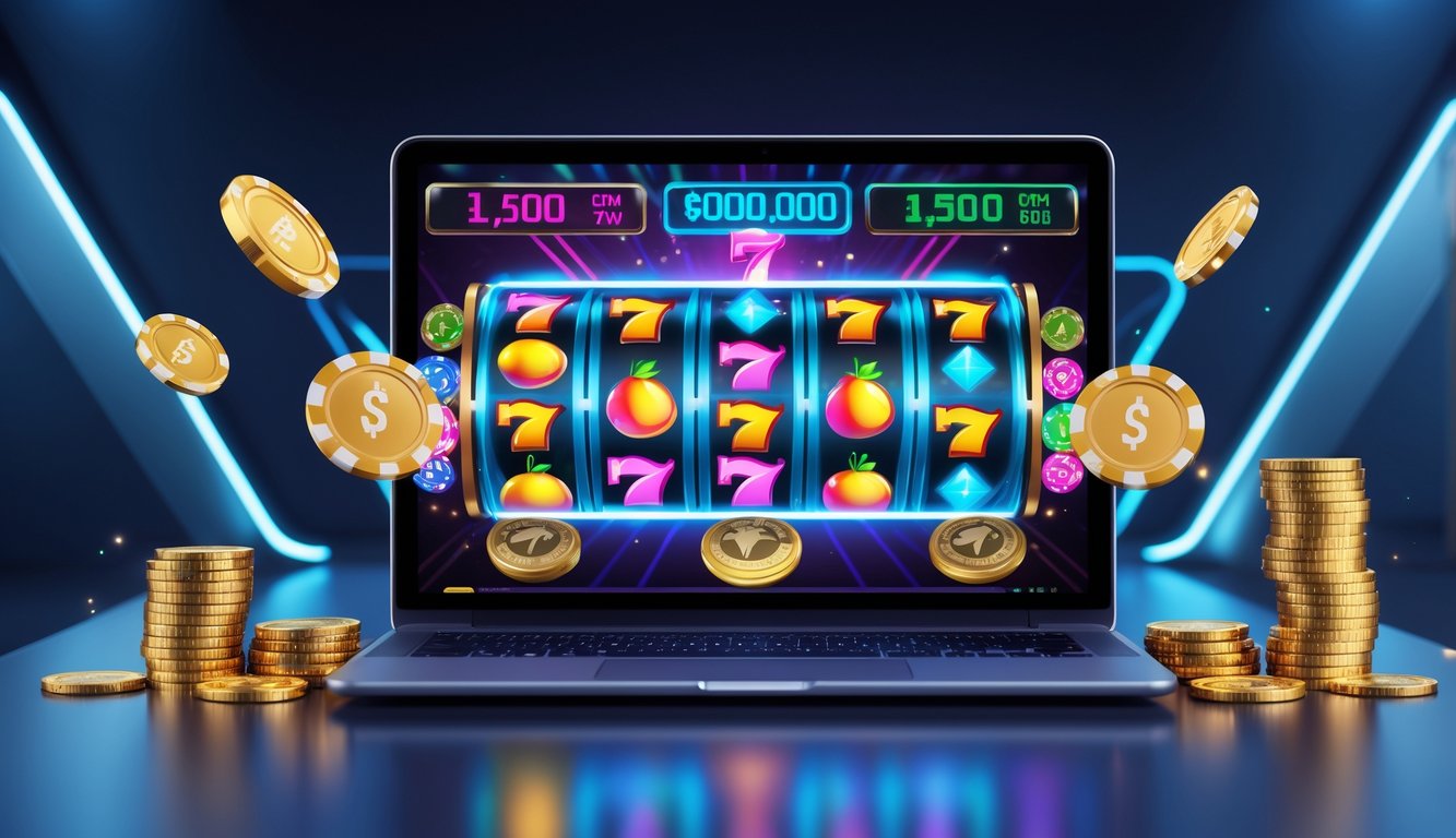 Layar komputer menampilkan permainan slot online dengan simbol warna-warni, koin emas, dan chip poker di sekitarnya.
