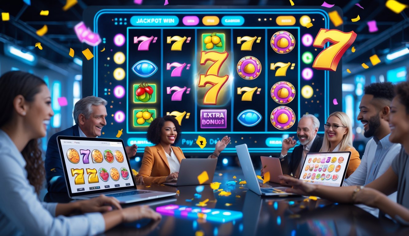 Orang-orang yang sedang bermain permainan slot dan togel online dengan suasana penuh semangat dan kegembiraan.