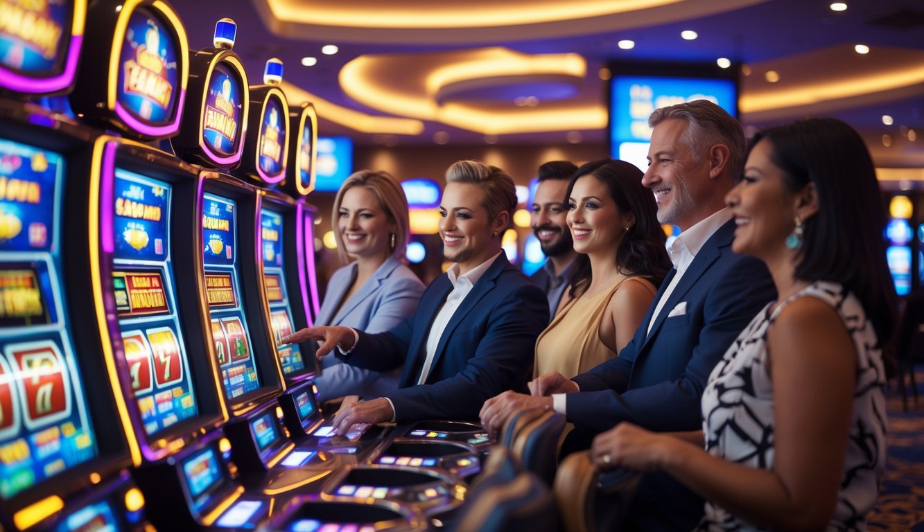 Orang-orang sedang bermain mesin slot di dalam kasino yang modern dan terang dengan lampu berwarna-warni.