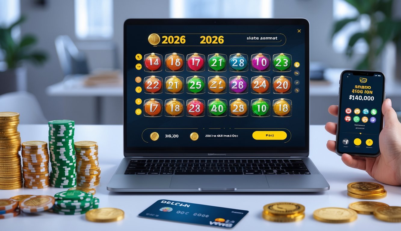 Seorang pria menggunakan laptop dengan tampilan permainan slot dan angka togel, dikelilingi chip kasino dan ponsel yang menunjukkan promo, di meja kantor modern.