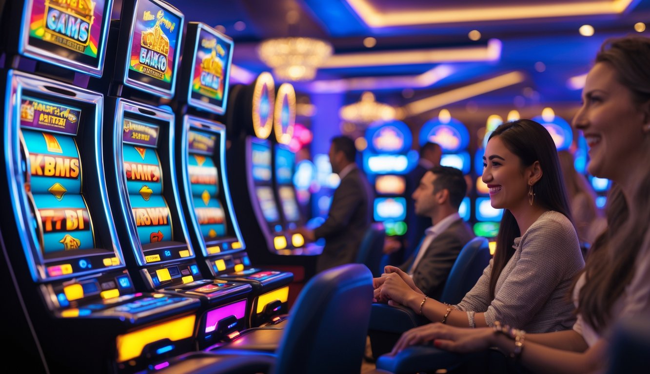 Area mesin slot yang modern dengan beberapa pemain sedang menikmati permainan slot terbaru di kasino.