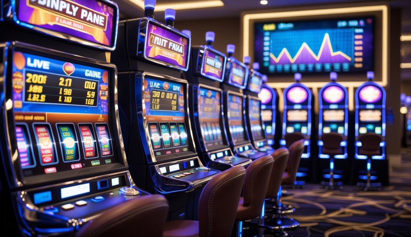 Foto mesin slot berwarna-warni di kasino modern dengan layar pembaruan permainan langsung di latar belakang.
