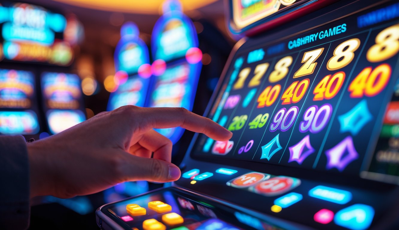 Tangan yang sedang menggunakan ponsel dengan tampilan permainan slot dan angka togel di latar belakang suasana kasino yang samar.