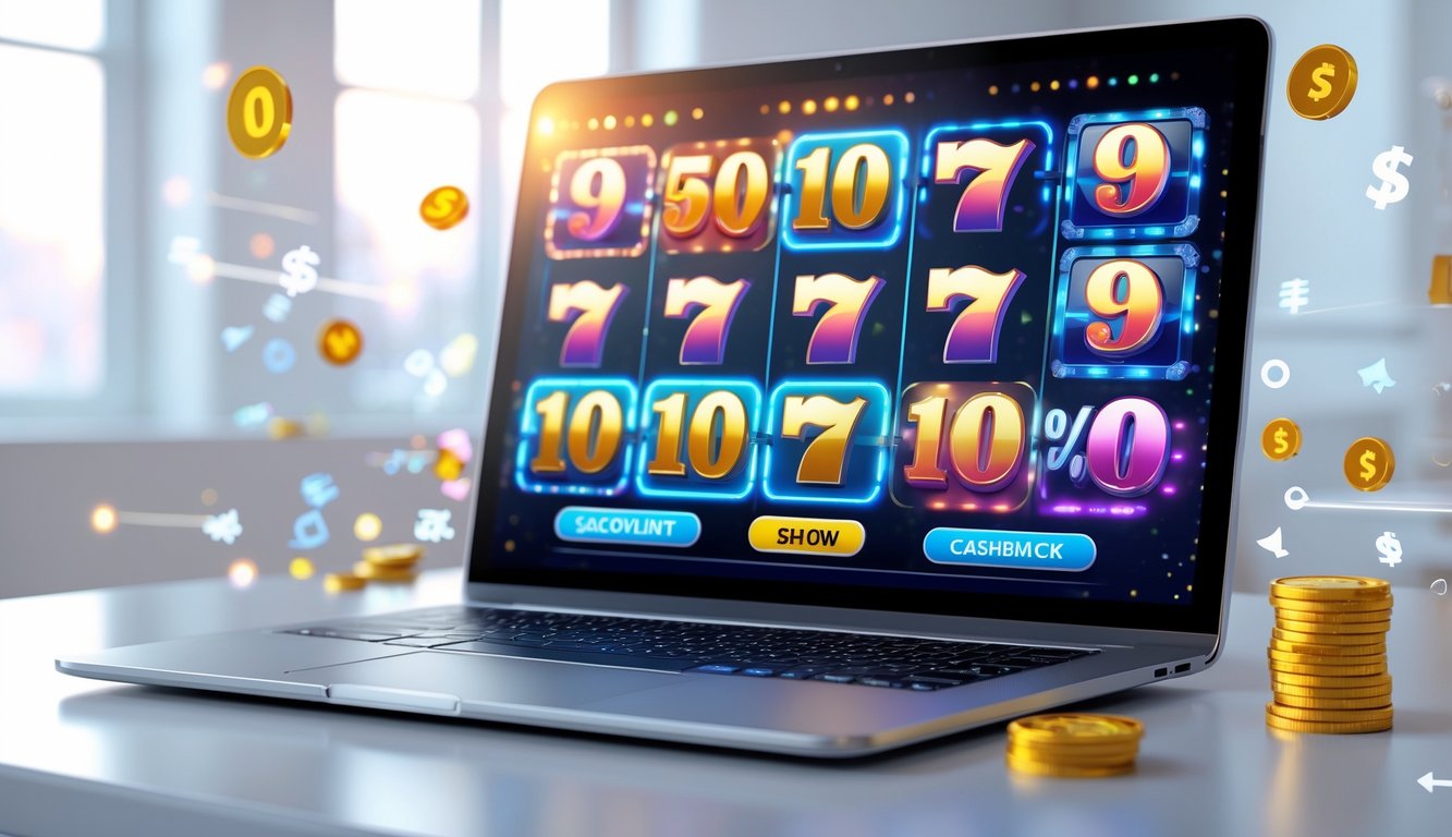 Seorang pengguna sedang melihat layar komputer yang menampilkan permainan slot dan togel dengan efek cahaya yang menarik, di lingkungan modern dan profesional.