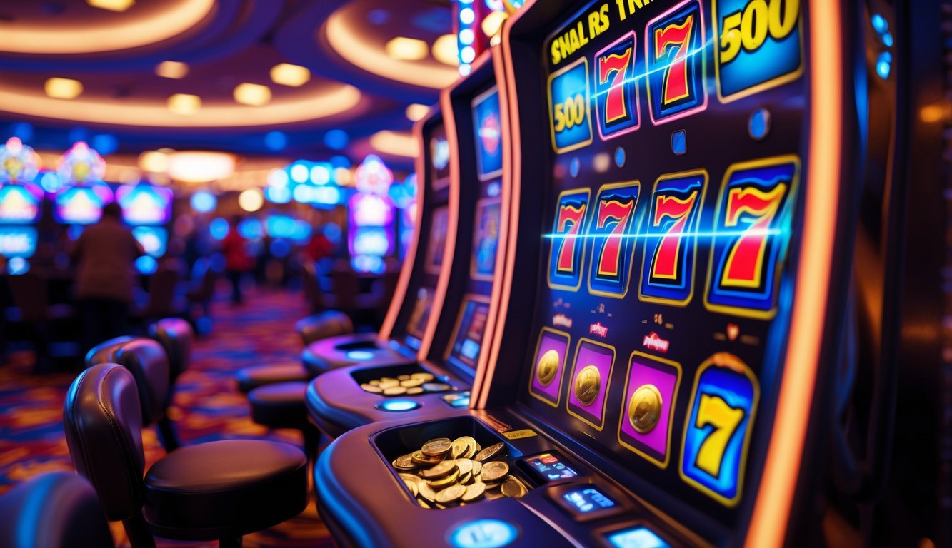 Mesin slot kasino modern dengan simbol berwarna-warni dan suasana ramai di latar belakang.