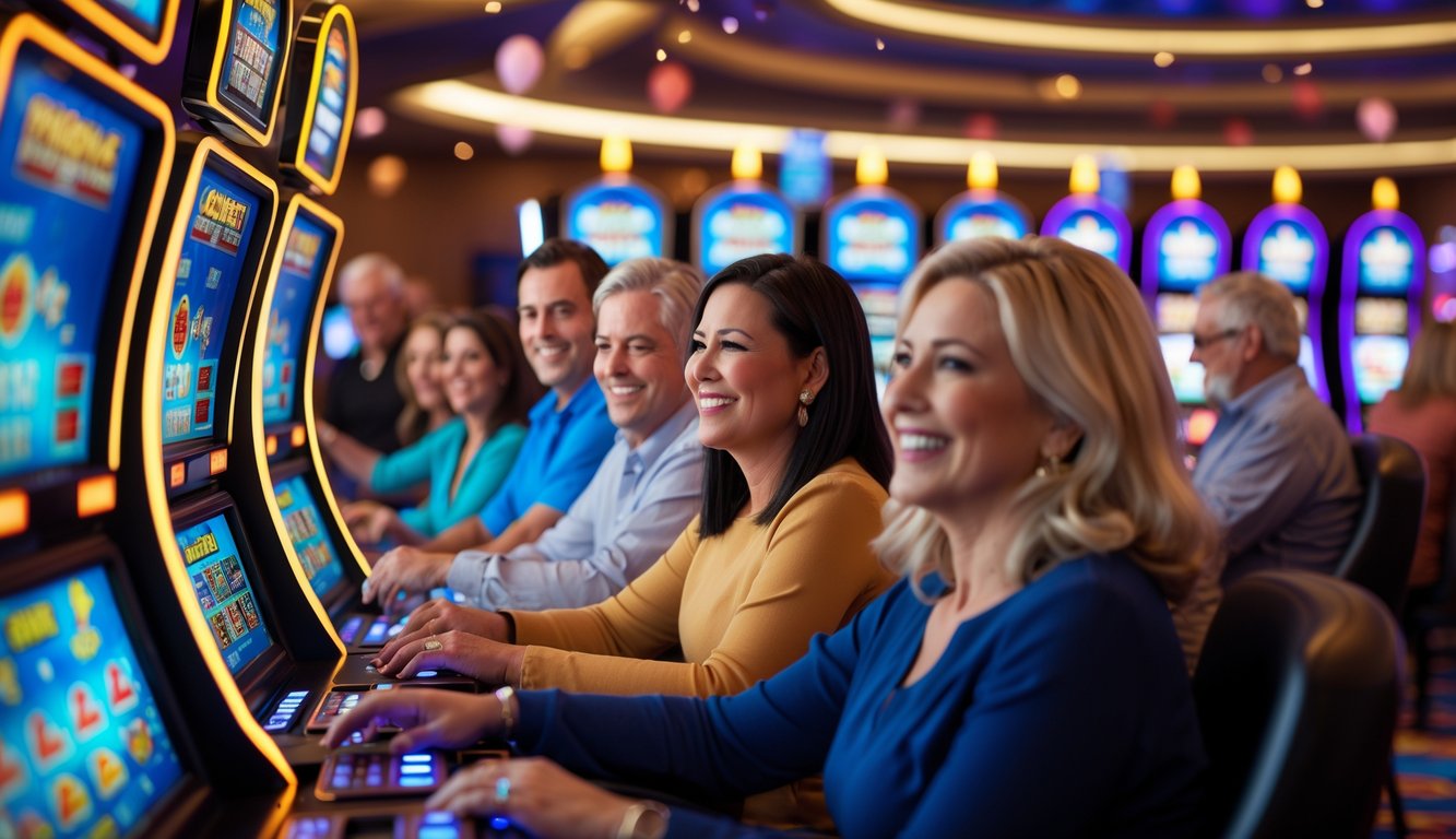 Sejumlah orang bermain mesin slot di kasino dengan suasana ceria dan dekorasi pesta.