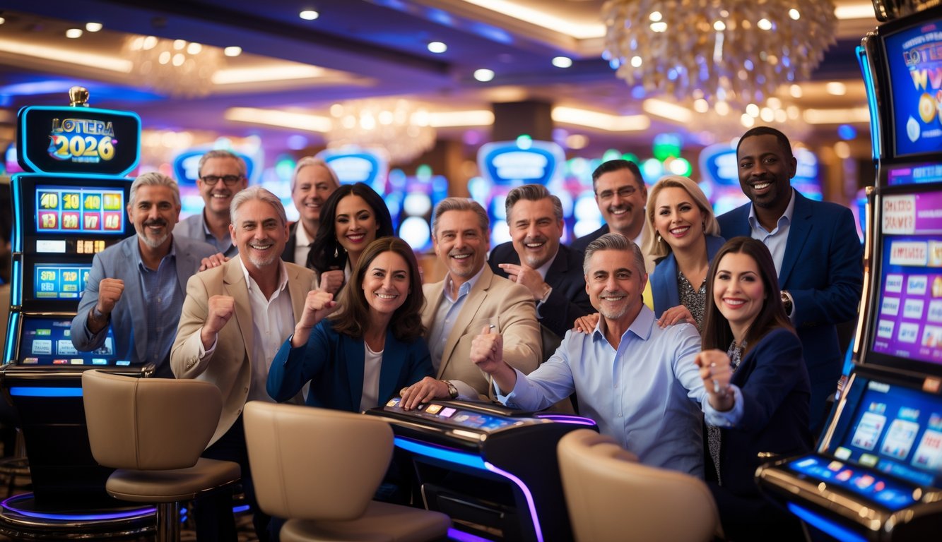 Sekelompok orang dewasa yang bahagia bermain mesin slot dan terminal togel di kasino yang ramai dengan lampu warna-warni dan suasana meriah.