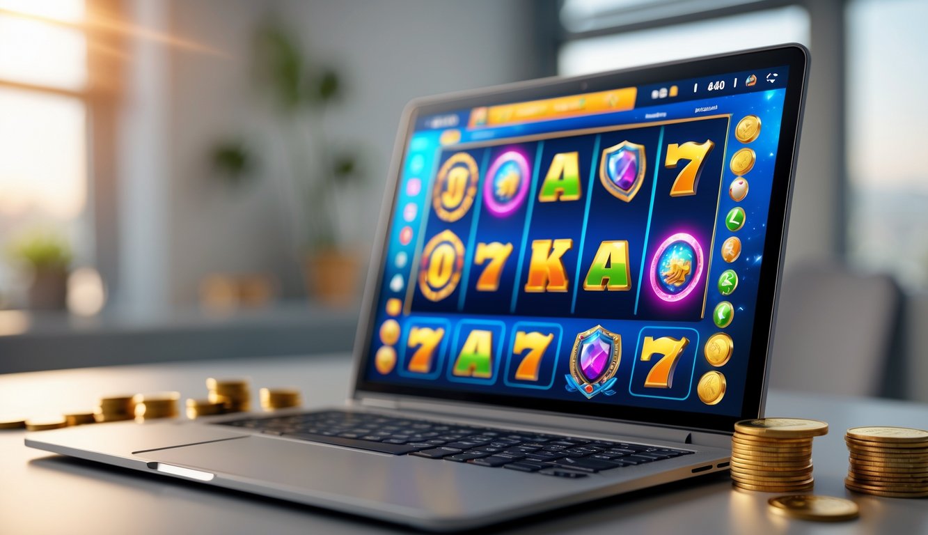 Seorang pengguna sedang bermain permainan slot online di laptop dengan latar belakang ruang kerja yang rapi dan pencahayaan hangat.