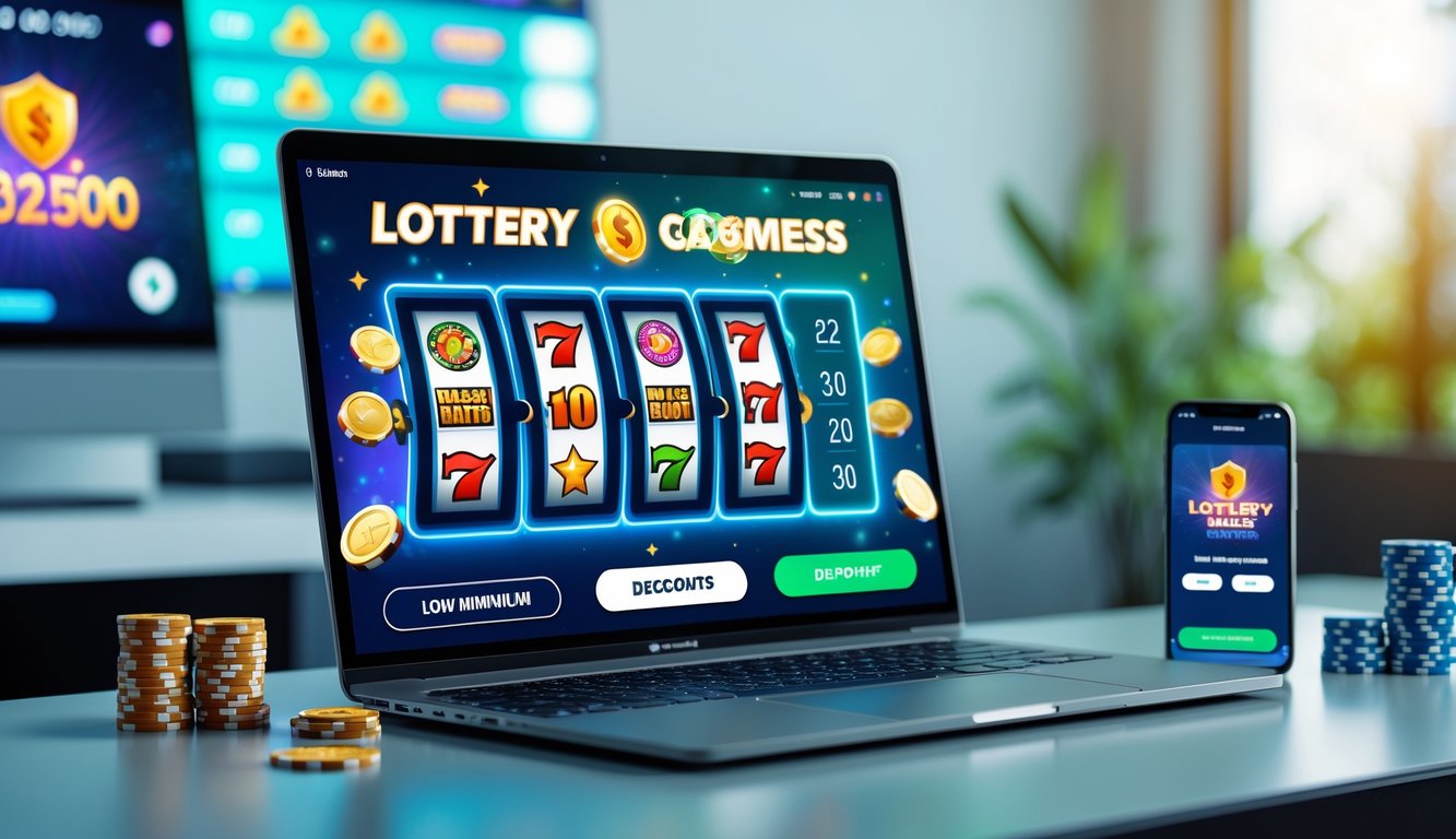 Seorang pengguna sedang bermain permainan slot dan togel online di laptop dengan suasana meja kerja yang rapi dan perangkat tambahan seperti ponsel dan chip kasino di sekitarnya.