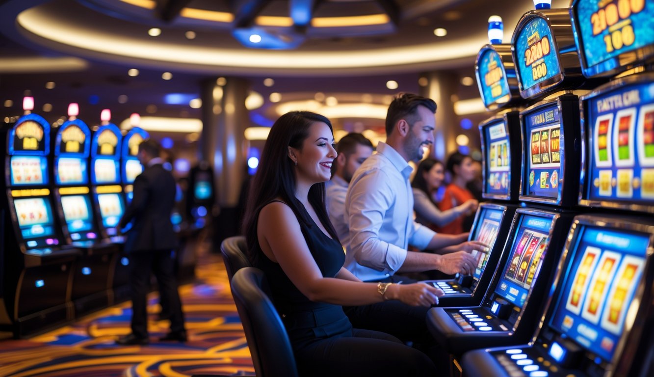 Orang-orang bermain mesin slot di dalam kasino yang terang dan modern dengan lampu warna-warni dan suasana penuh semangat.