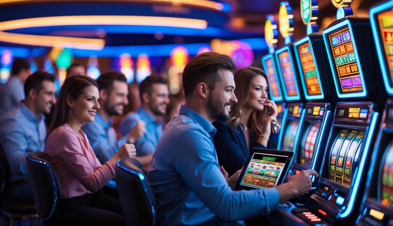 Orang-orang bermain mesin slot di kasino dengan suasana cerah dan penuh semangat.