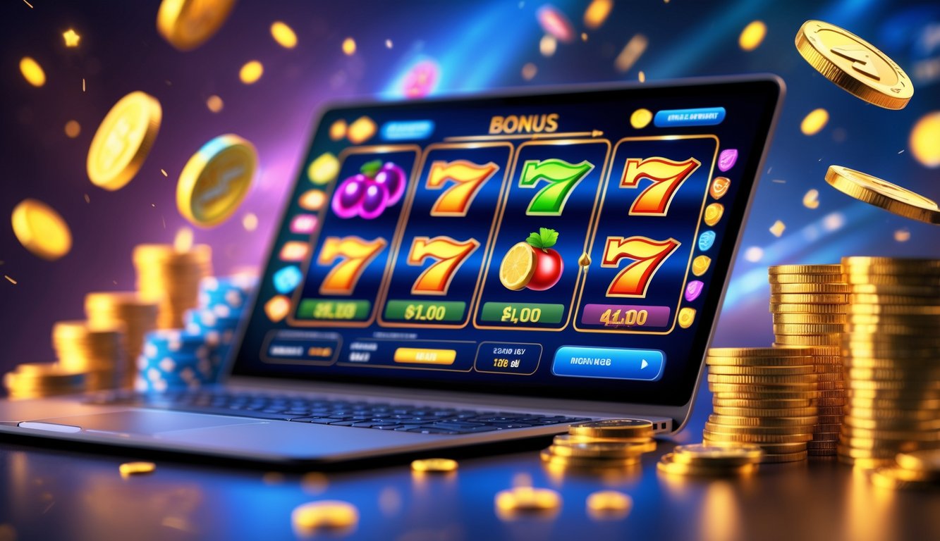 Layar komputer menampilkan permainan slot online dengan gulungan berwarna-warni dan koin emas di sekitarnya.