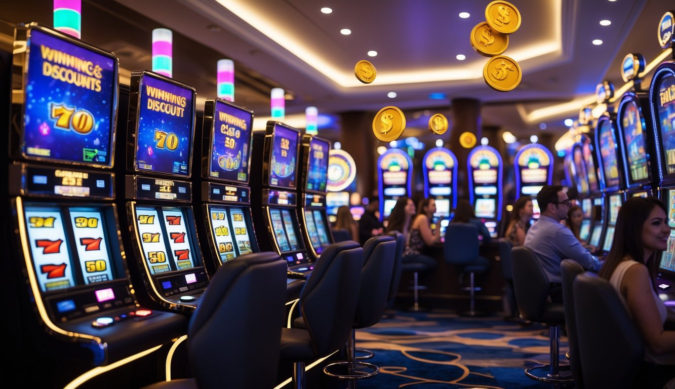 Suasana kasino modern dengan beberapa mesin slot yang menyala dan orang-orang sedang bermain dengan ekspresi senang.