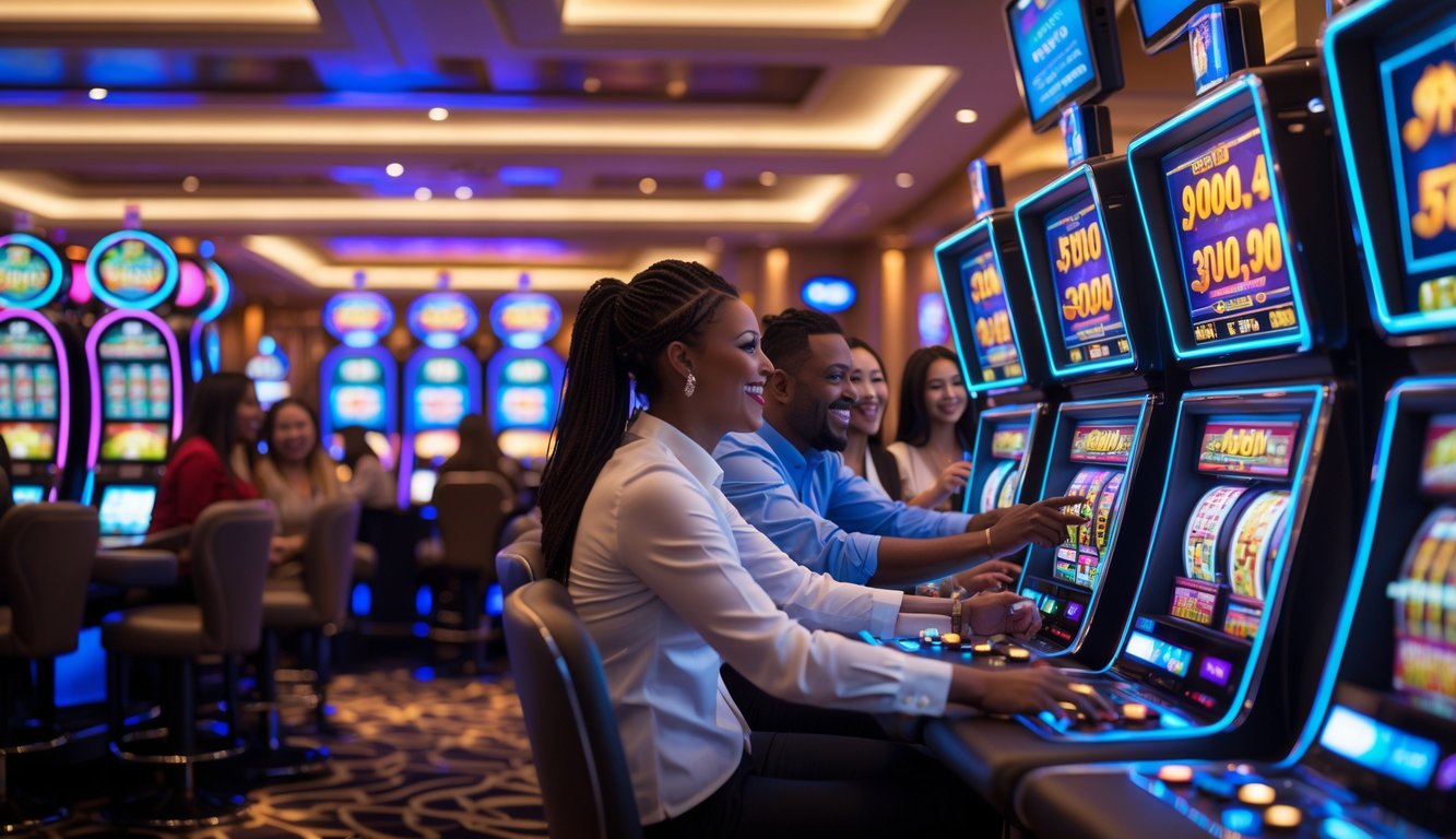 Beberapa orang bermain mesin slot di kasino modern dengan suasana ramai dan lampu warna-warni.