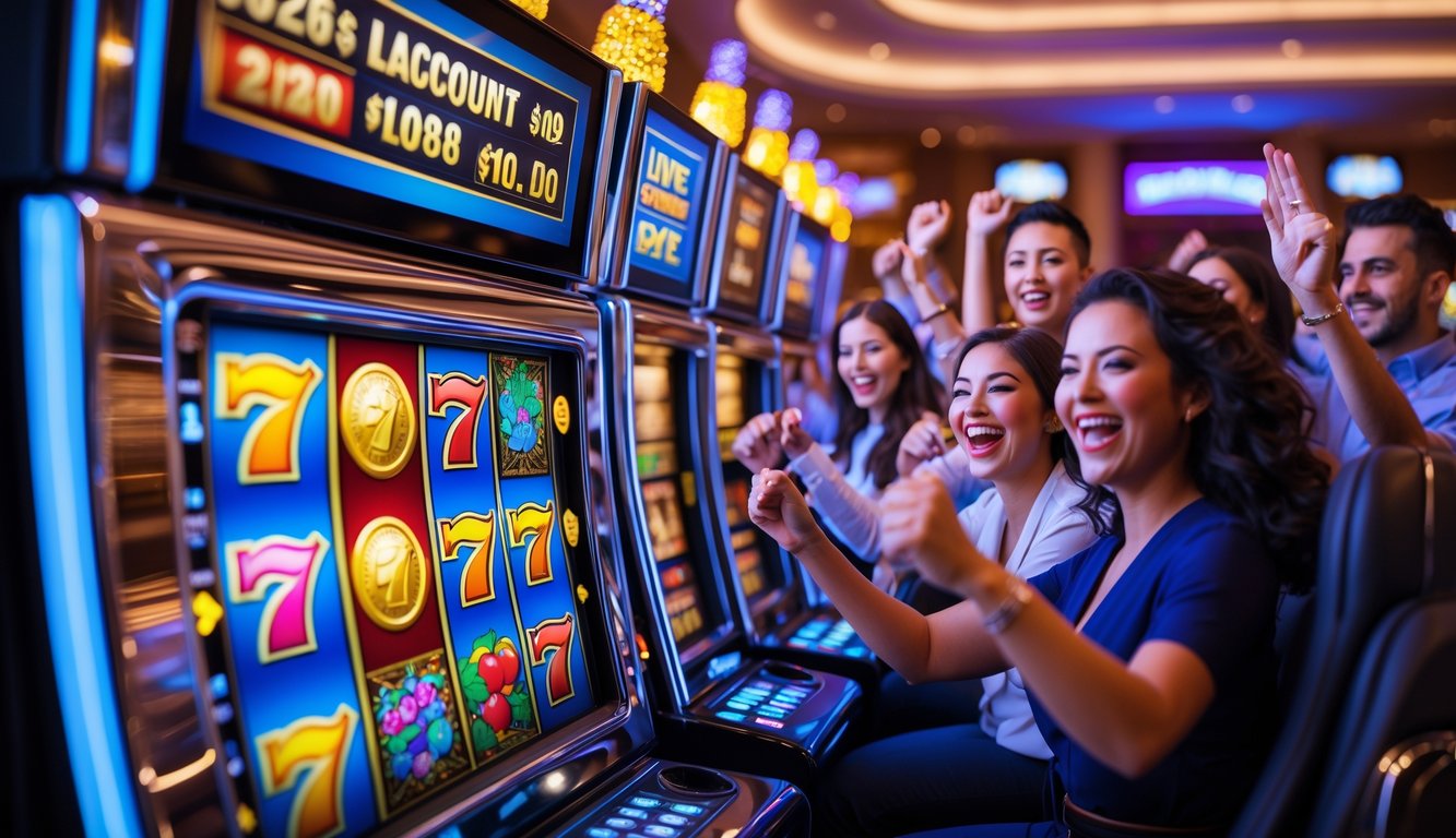 Orang-orang sedang bermain mesin slot di kasino dengan suasana meriah dan penuh kegembiraan.