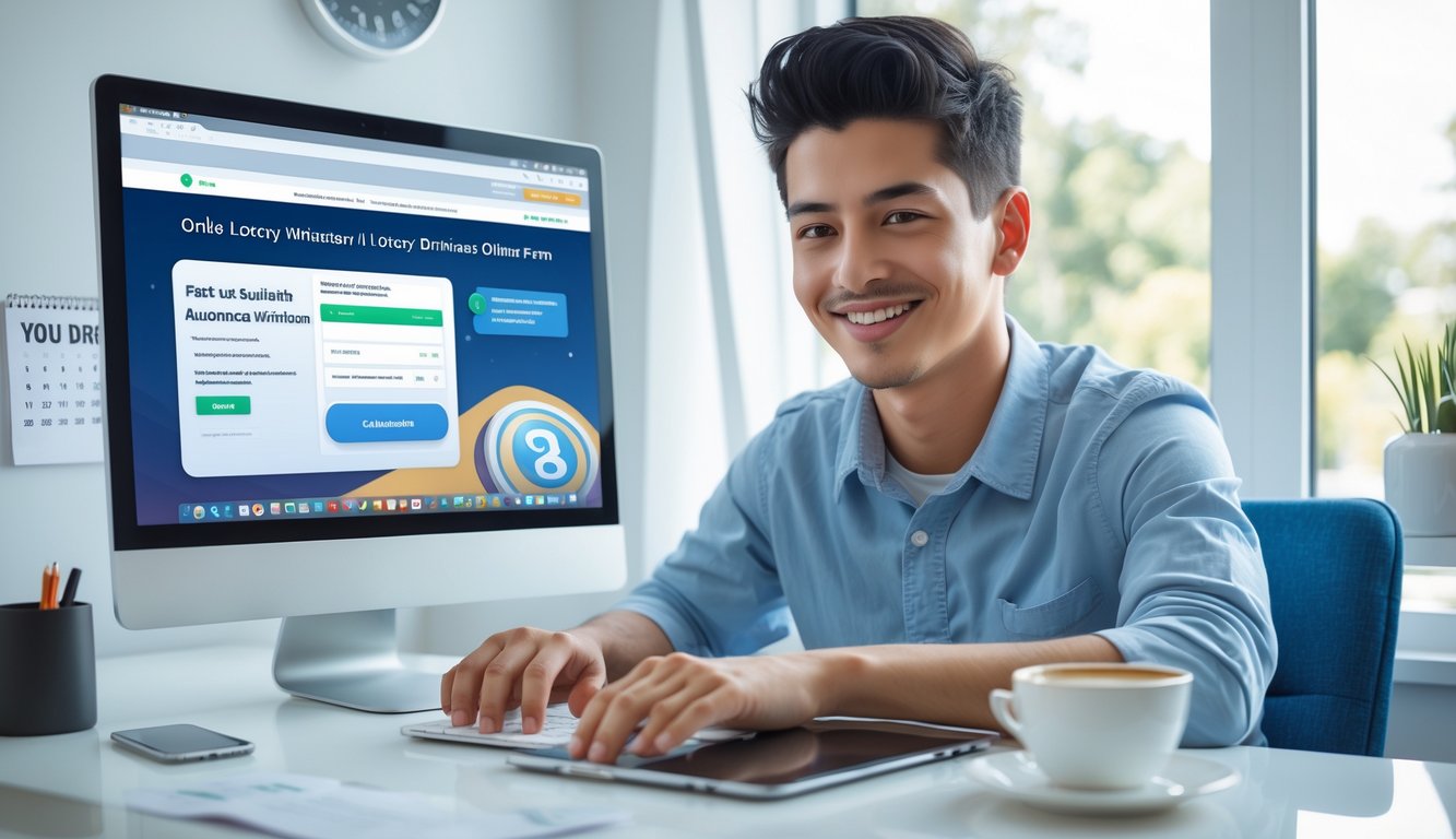 Seorang dewasa muda duduk di meja modern menggunakan laptop dengan layar situs togel online, tersenyum puas di ruang kerja rumah yang terang.