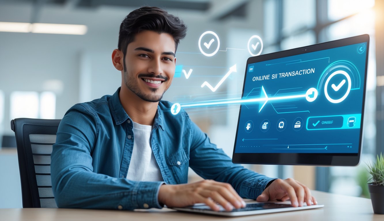 Seorang pria muda duduk di depan laptop di kantor modern, tersenyum sambil menggunakan layanan transaksi online yang cepat dan terpercaya.