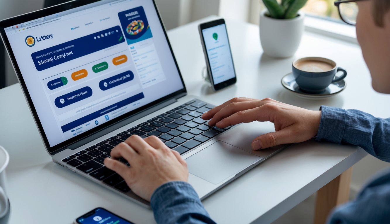 Seseorang sedang menggunakan laptop dan ponsel di meja kerja untuk mengakses layanan togel online dengan transaksi keuangan yang berhasil.