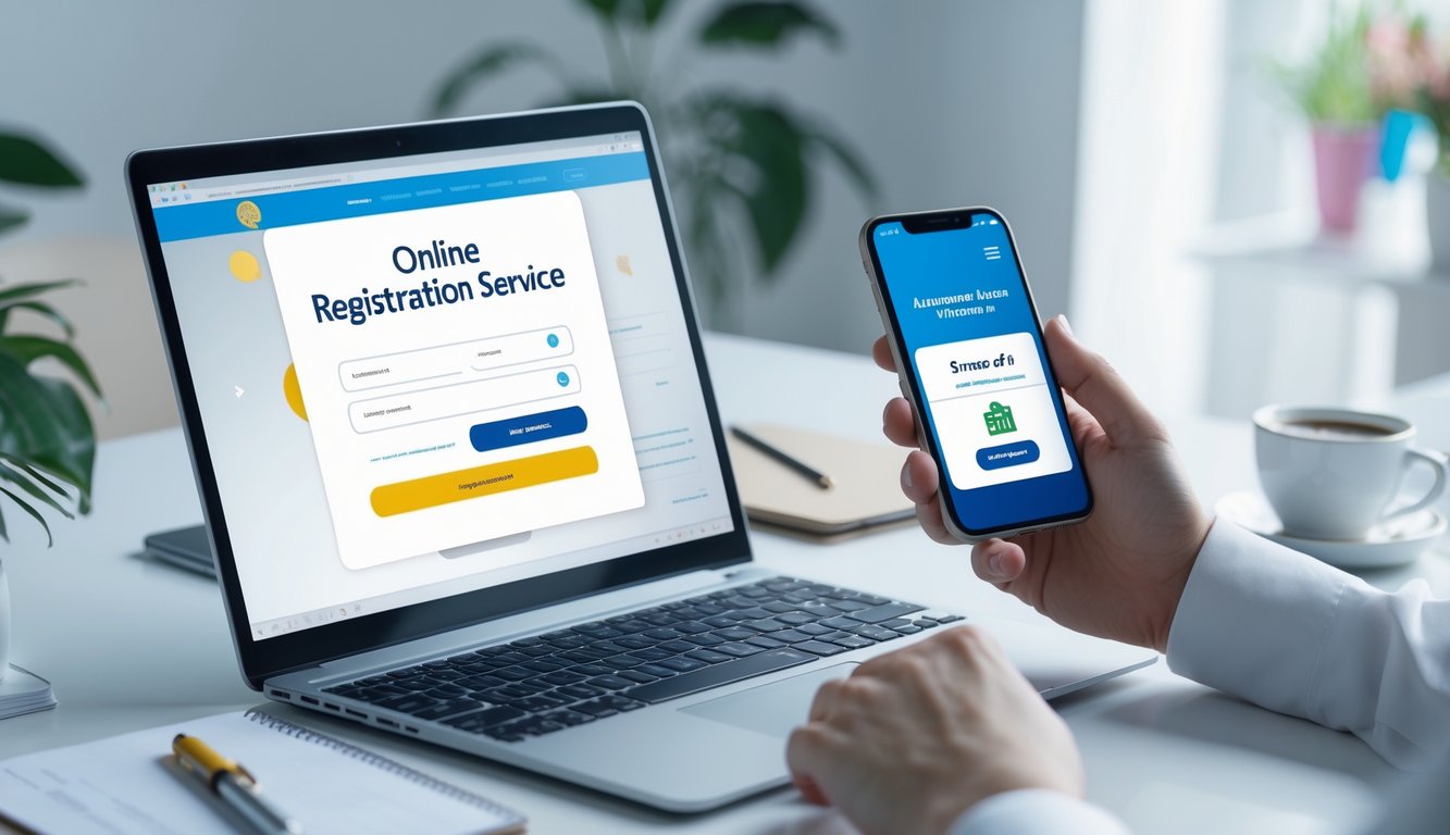 Seseorang menggunakan laptop dan smartphone di meja kerja untuk mendaftar layanan togel online dengan transaksi bank yang berhasil.