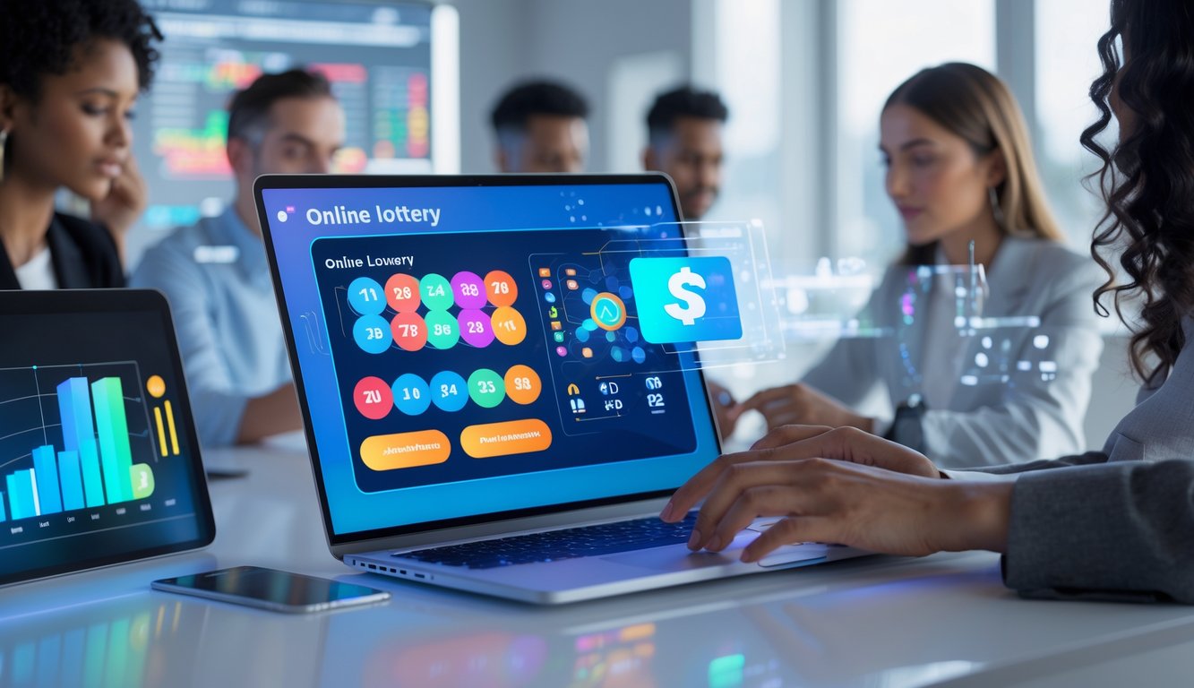 Orang-orang sedang menggunakan perangkat digital untuk bermain togel online dengan suasana yang aman dan modern.