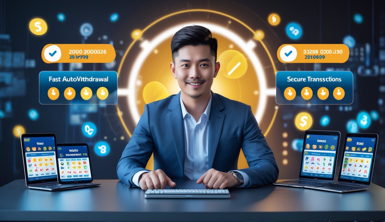 Seorang pria muda duduk di meja dengan beberapa perangkat digital menampilkan angka togel dan konfirmasi transaksi aman.