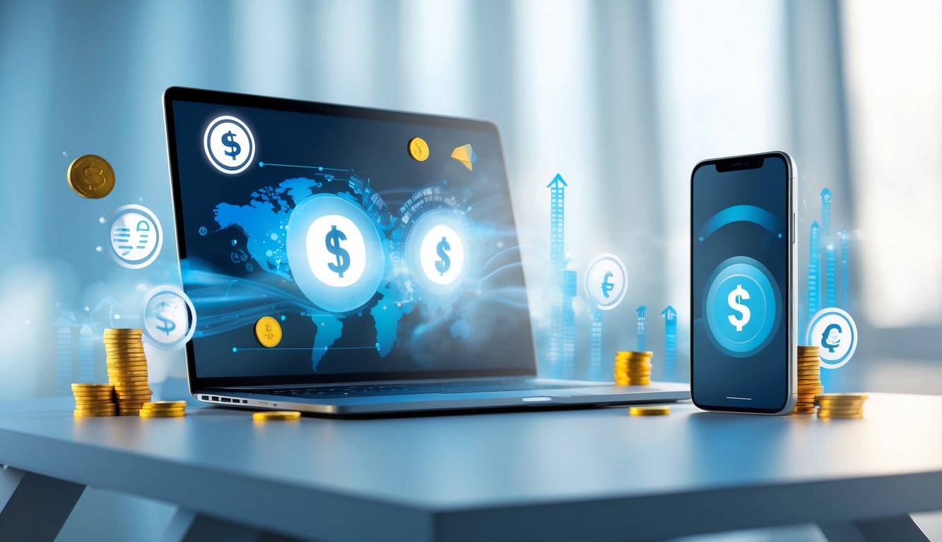 Seorang pria menggunakan laptop dan smartphone di meja kerja dengan latar belakang grafis yang menggambarkan transaksi online dan kemenangan besar.