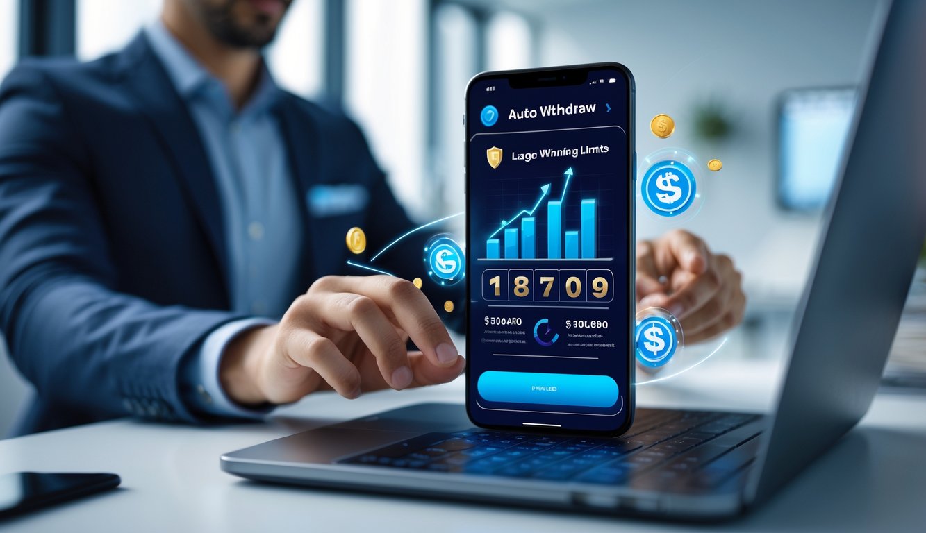 Seseorang menggunakan laptop atau ponsel dengan antarmuka digital lotere online di lingkungan kantor yang terang dan profesional.