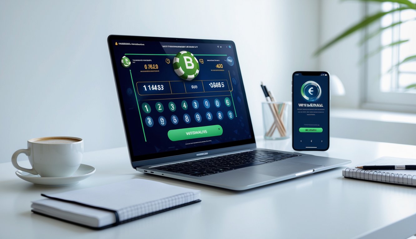 Seorang pengguna sedang menggunakan laptop dan ponsel untuk transaksi penarikan otomatis togel online di meja kerja yang rapi.