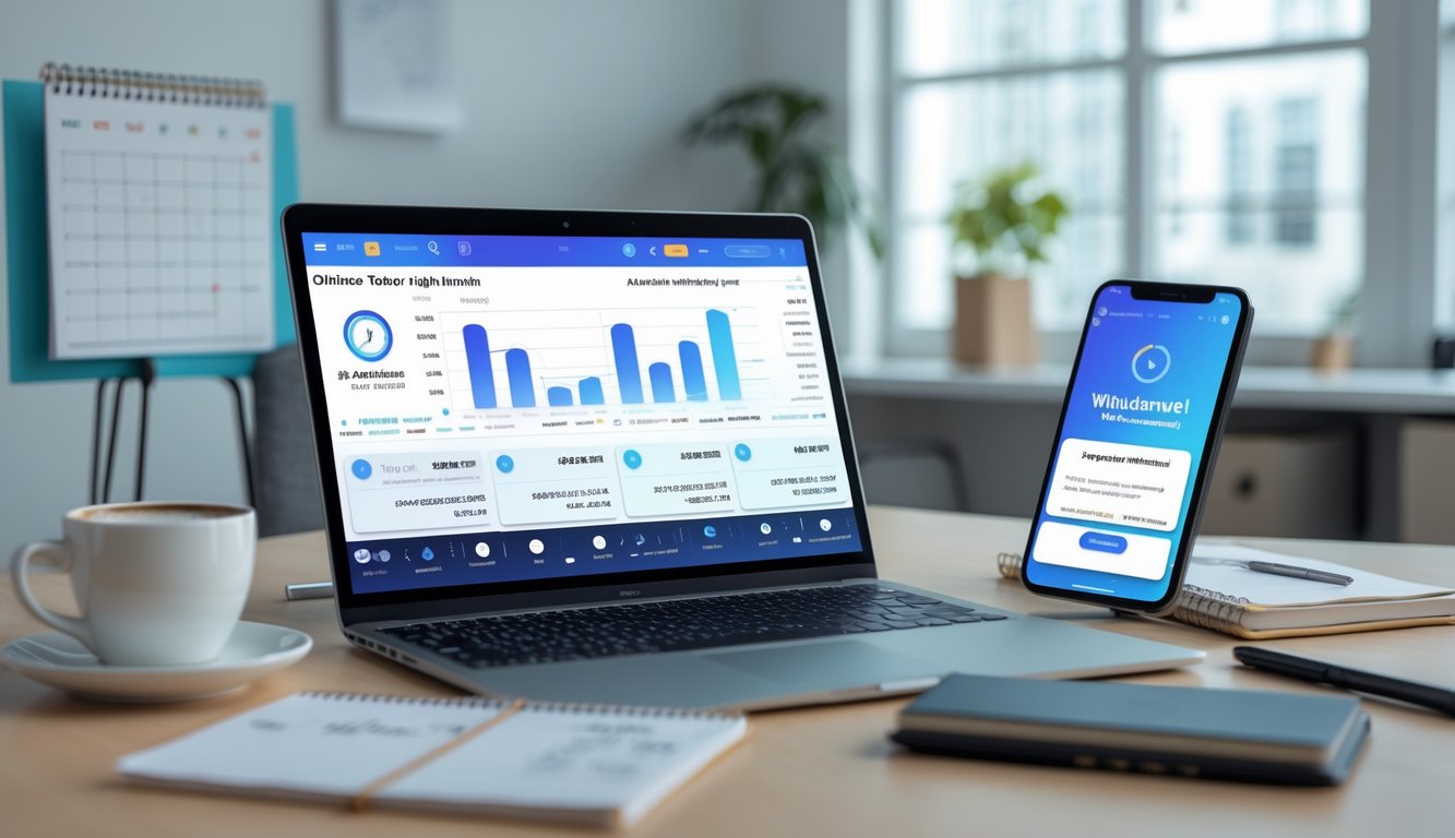 Sebuah meja kerja modern dengan laptop, ponsel menampilkan notifikasi penarikan dana berhasil, cangkir kopi, dan alat tulis di kantor yang terang.