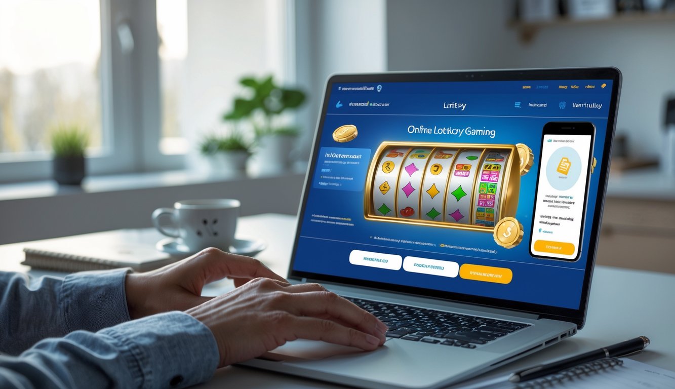 Seseorang menggunakan laptop di meja kerja dengan ponsel yang menampilkan notifikasi pembayaran sukses.