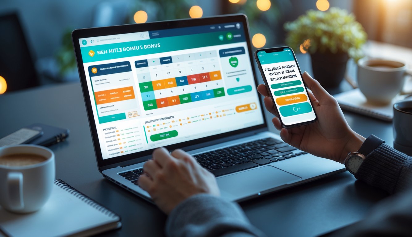 Seorang pengguna berinteraksi dengan laptop dan ponsel di meja kerja yang rapi, menampilkan antarmuka digital terkait permainan togel online.
