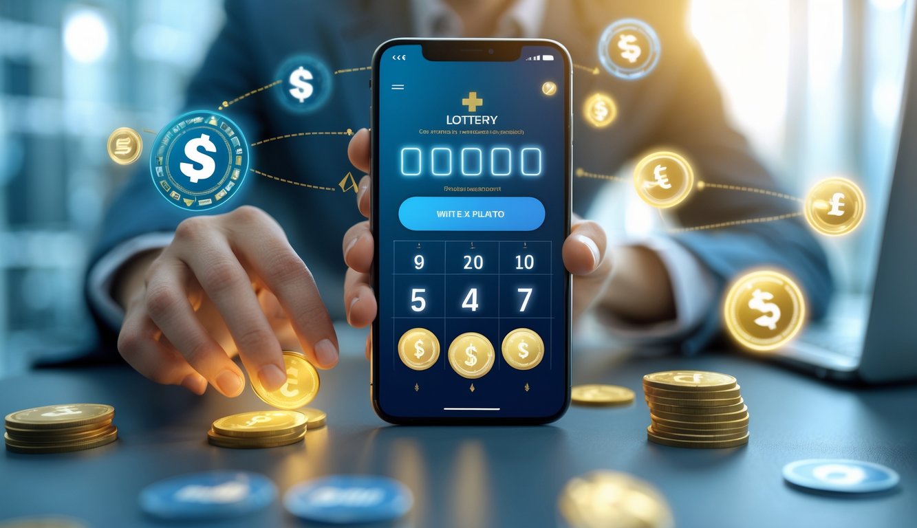 Tangan seseorang memegang ponsel dengan aplikasi lotere online yang menampilkan ikon bonus dan simbol transaksi digital di latar kantor modern.